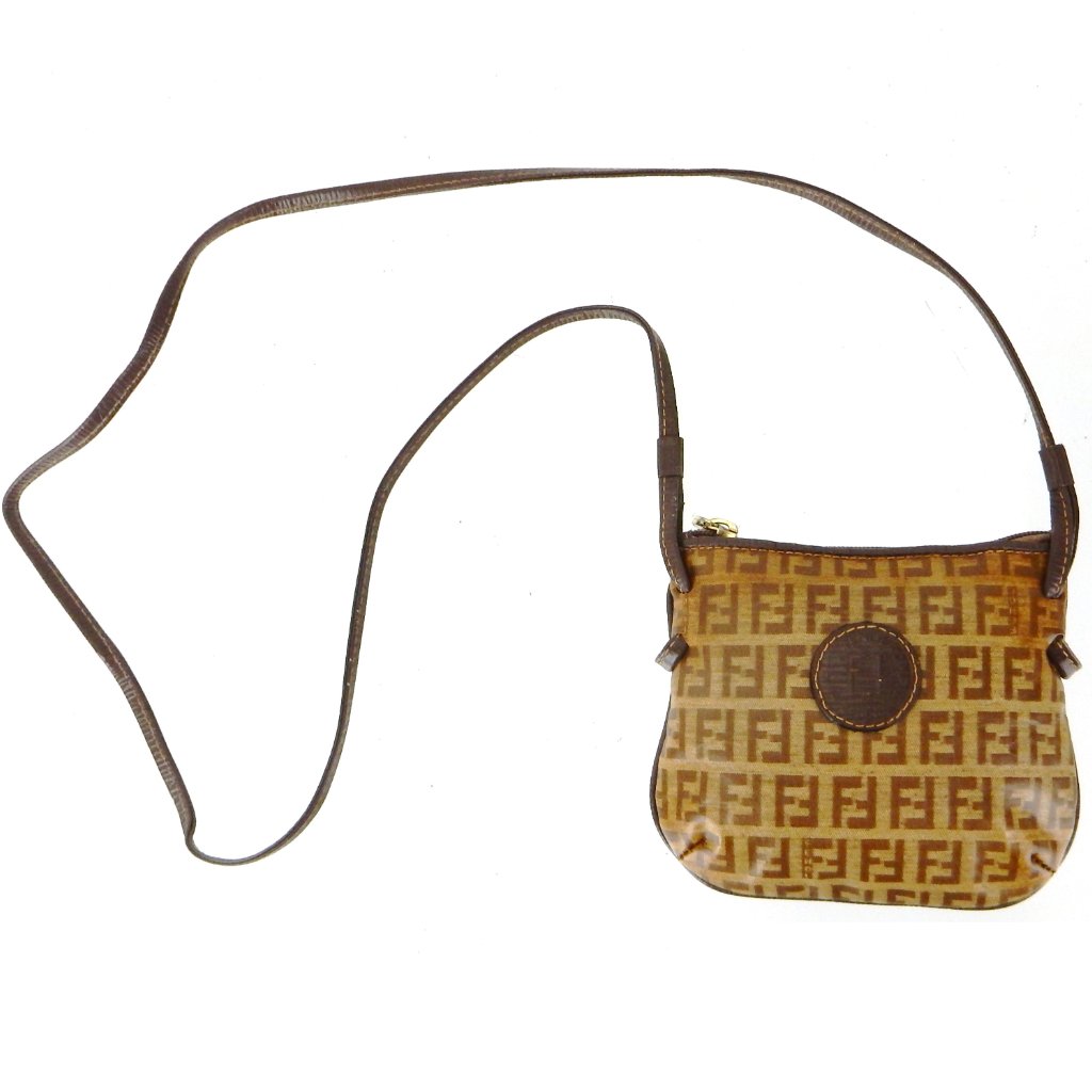 Vintage Fendi Brown Zucca Zucchino Canvas Leather Shoulder Crossbody Pouch Bag